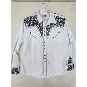 Scully Shirt Mens Large White Black Embroidered Western Long Sleeve Snap Front